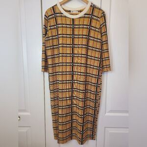 Zara Plaid Sweater Dress Midi 3/4 Sleeve Golden Yellow Orange Black Size L